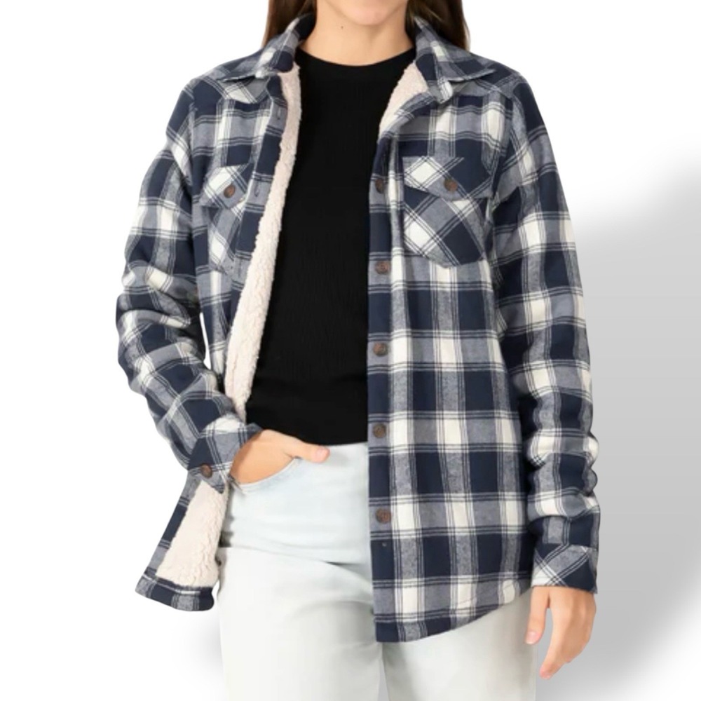 NWT Plaid Shacket Women's XL Flannel Shirt Jacket Sherpa Lined Navy Blue‎ White